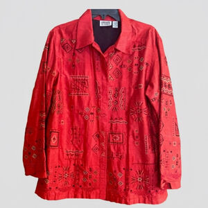 Vtg Red Silk Embroidered Beaded Jacket Boho Art to Wear Statement Blazer W L